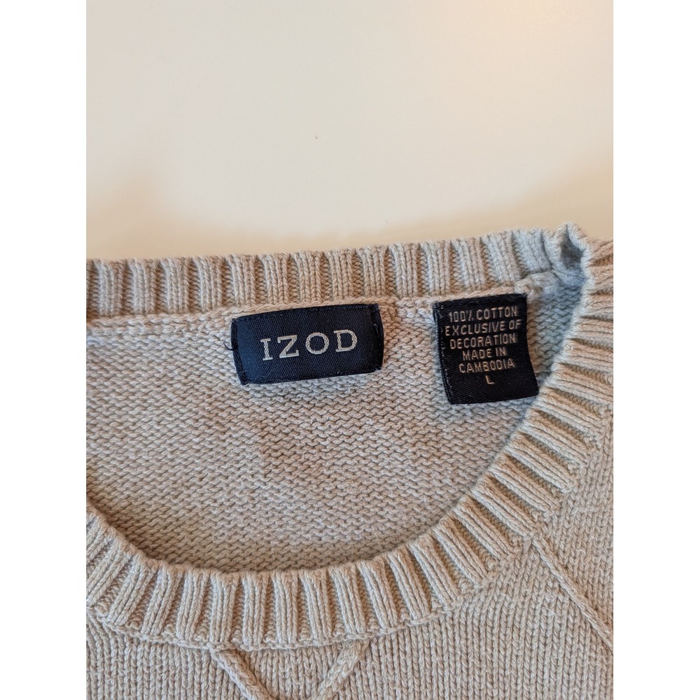 IZOD Mens Large Tan Cotton Diamond Textured Knit Crewneck Sweater Logo Beige - Picture 3 of 6